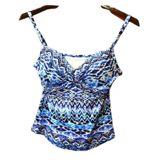 LA Blanca Blue Oasis Over the Shoulder Ikat Print Swim Tank Top US 2 - Picture 2 of 12